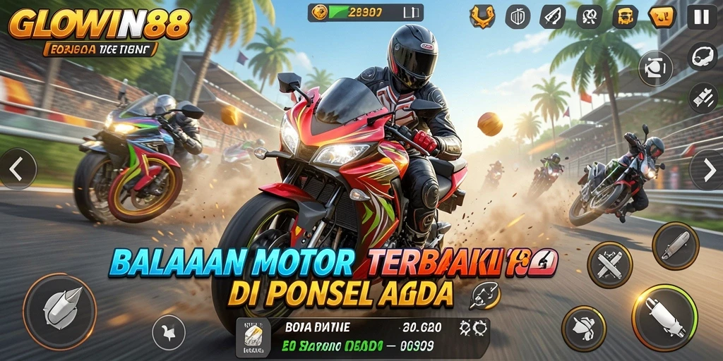 Screenshot utama GLOWIN88 menampilkan aksi balapan motor yang seru.
