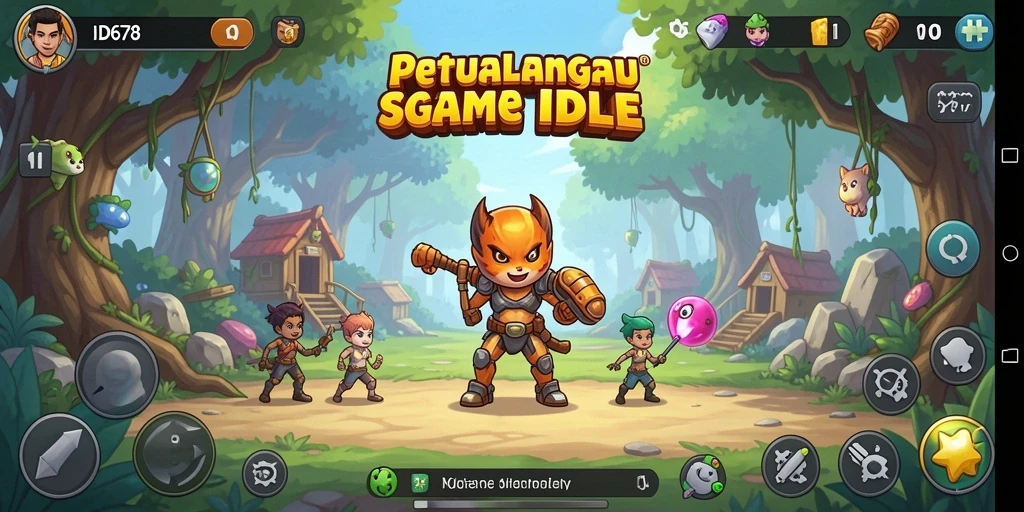 Tampilan gameplay utama ID678 menunjukkan karakter yang sedang beraksi sebagai game Idle.