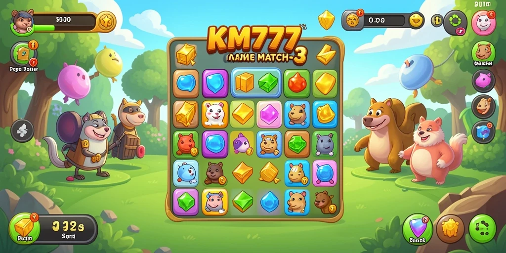 Tangkapan layar gameplay KM777 menampilkan keseruan mencocokkan batu permata berwarna.