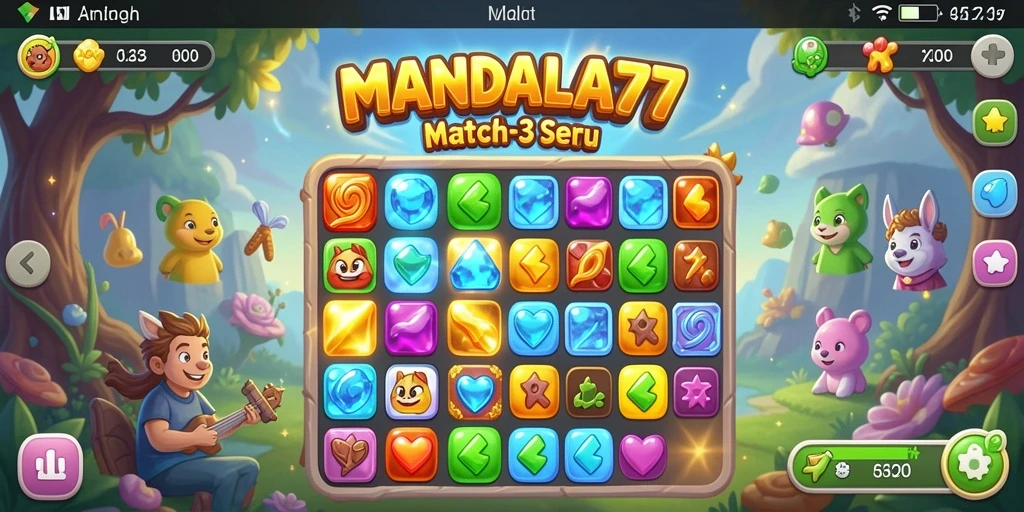 Tampilan gameplay seru MANDALA77 dengan elemen Match-3 yang colorful.