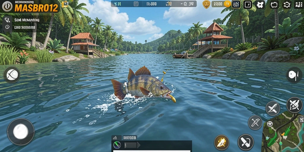 Gameplay seru dalam MASBRO12 menampilkan sesi memancing menarik.