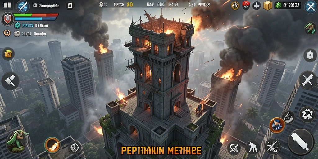 Screenshot gameplay PP123 menunjukkan menara bertahan melawan gelombang musuh.
