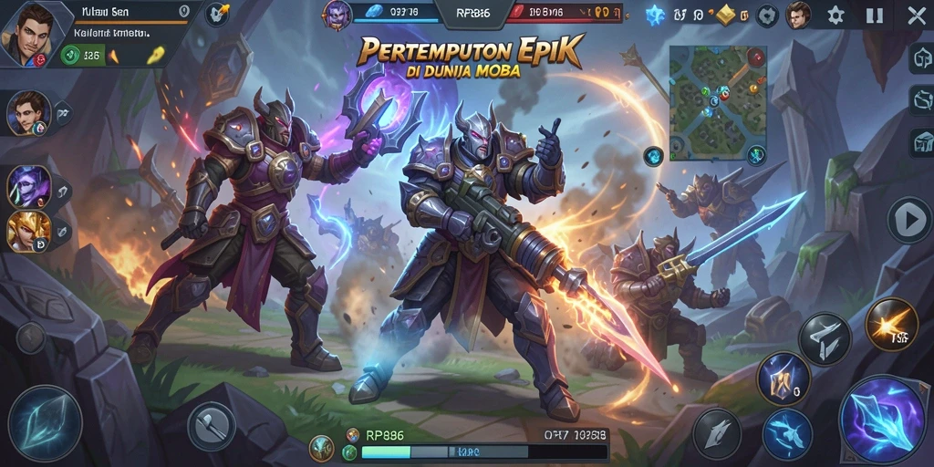 Screenshot gameplay RP886 yang menunjukkan aksi seru di arena MOBA.
