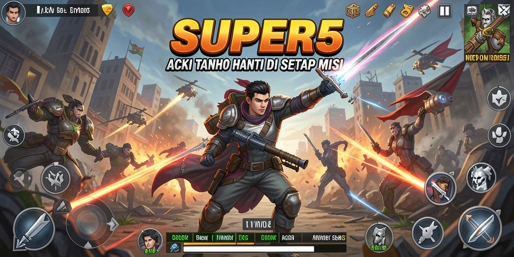 Tampilan gameplay seru dalam SUPER5 yang penuh aksi.