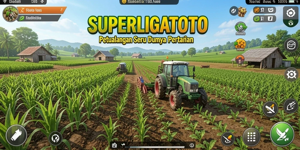 Tampilan gameplay SUPERLIGATOTO dengan kebun yang rimbun dan alat pertanian.