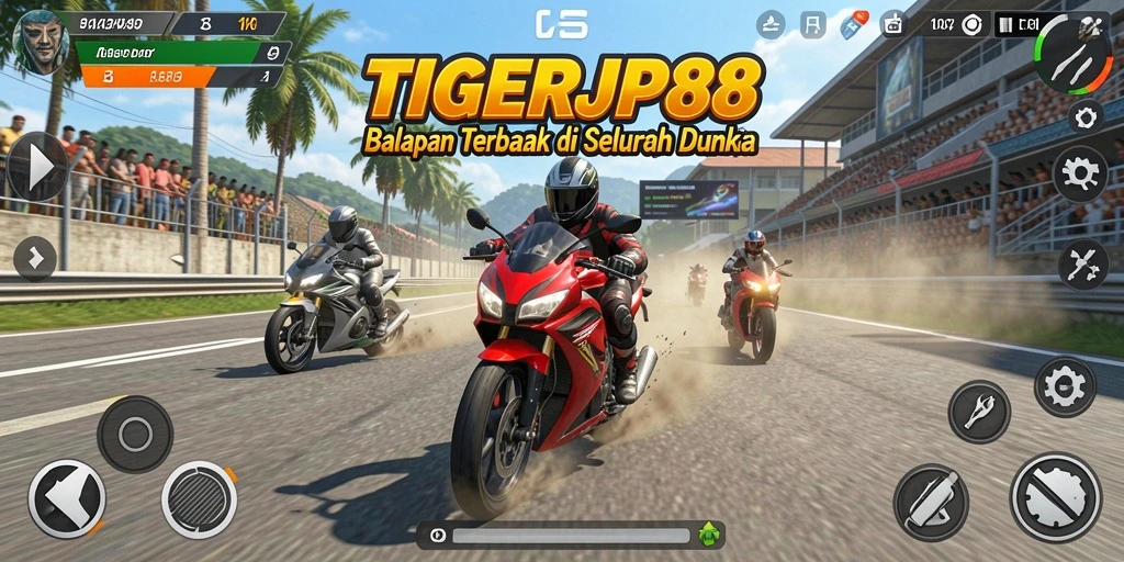 Screenshot TIGERJP88 menampilkan aksi balapan motor yang seru dan cepat.